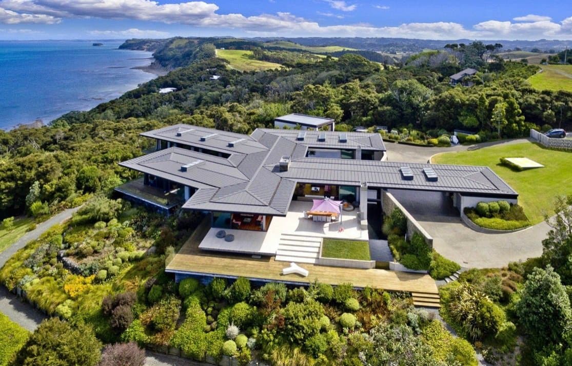 Aerial view of a coastal home on the Mahurangi Peninsula