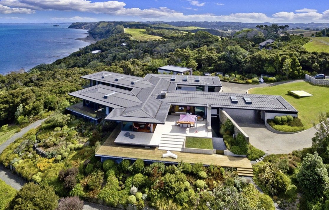 Aerial view of a coastal home on the Mahurangi Peninsula
