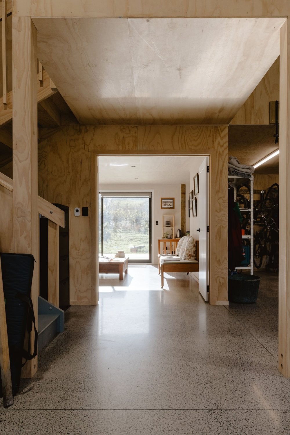 Timber-lined living room in The Barn